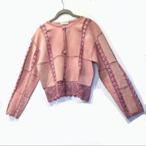 Suede Crochet Cardigan Jacket Dusty Pink Women Size Medium Vintage Retro Chic